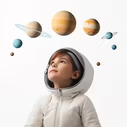 a young girl in a space suit with planets floating above her head