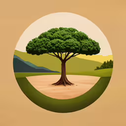 a painting of a tree in the middle of an area,a tree in a circle shaped artwork with mountains