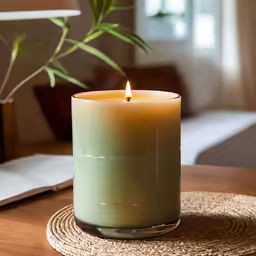 a close up of a candle on a table