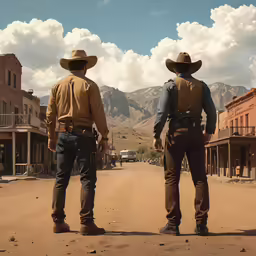 two men standing in the middle of an old western town