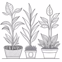 a line drawing of three pots with plants,a line drawing of three planters on top of each other
