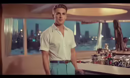 a male in a white shirt is standing by a counter