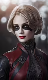 a woman wearing a mask in red leather