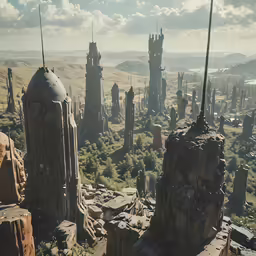 a futuristic looking city sits surrounded by trees