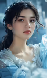 a woman in a blue dress looking straight ahead