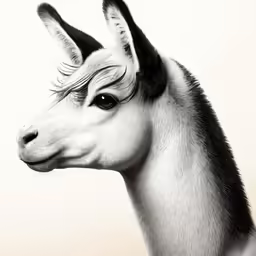 a black and white photo of an alpaca