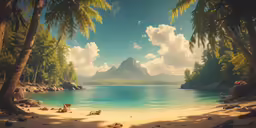 a painting shows the shore line and mountains