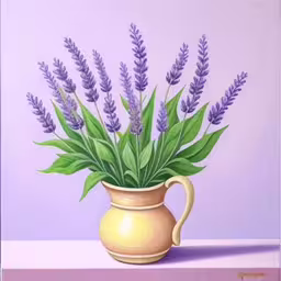 a painting of some lavender colored flowers in a pitcher