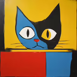 a painting of a cat with yellow eyes