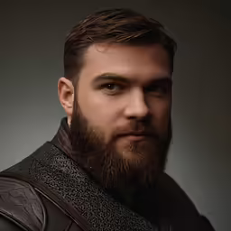 a bearded man wearing a leather vest is posing for a portrait