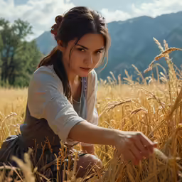 a girl in a field is crouched down