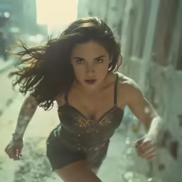 a woman running down the street in her underwear
