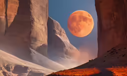 a bright red moon shines brightly over the rocky mountains
