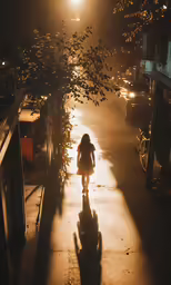 the girl is walking down the street alone