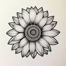 a sunflower drawing done in pen with graph and pencil on paper,black and white drawing of a sunflower on a white wall