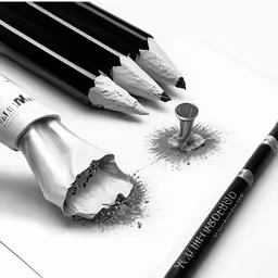 a group of pencils and other office items sitting on top of a white paper