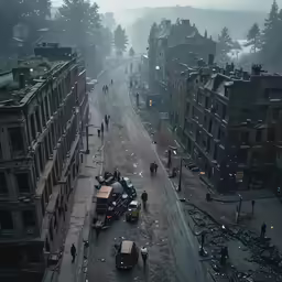 people are walking and standing on a dusty city street