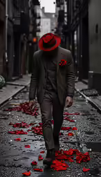 man wearing a red hat walks down the street