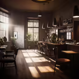 sun shines into a dimly lit bar