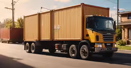 a truck driving down a residential street in the day,a large yellow truck travels down the street