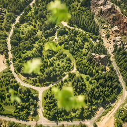 an aerial view of a road surrounded by trees