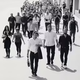 the crowd of people are walking down the street