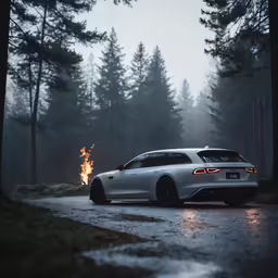 a car on the side of a road with fire coming out of the back
