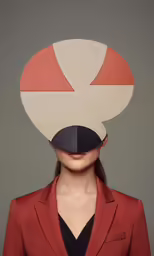 a model in red jacket wearing a cutout headdress