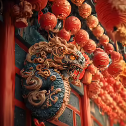 a wall with many decorations and paper lanterns