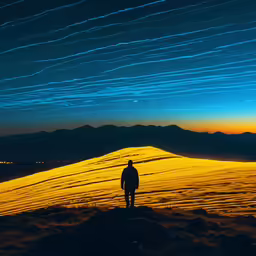 person looking at night sky over snowy ground