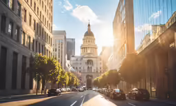 cars are parked along a street with a tower in the background
