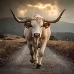 a bull walking down a dirt road with large horns