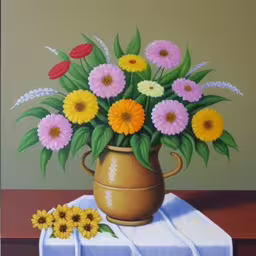 this is a painting of an empty vase full of flowers,this painting depicts different colored flowers in a vase