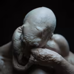 an older man in the dark holding his head