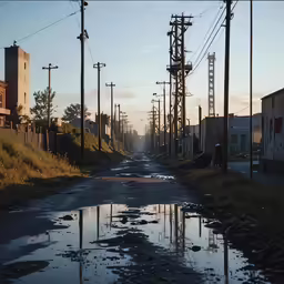 a very dirty looking road is covered in puddles