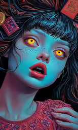 a female with blue hair is in an orange - eyed area