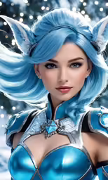 a young woman in a blue costume standing in front of trees