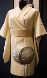 an elaborately designed kimono, a sculpture, and a photograph on a mannequin