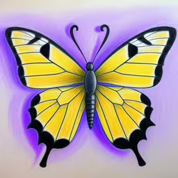 yellow butterfly on a purple background with black outlines,an image of a butterfly with pastel paint,a large yellow and black butterfly painted on purple,a painting of a butterfly on purple background,an abstract painted yellow butterfly on purple paper
