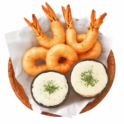 shrimp and cream cheese with sauces on a tray