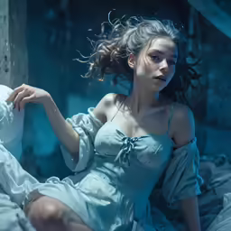 the woman is sitting on a bed looking forward