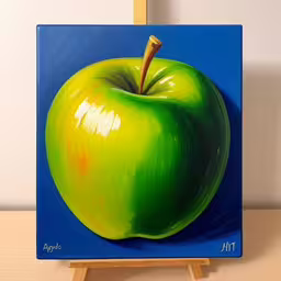 a picture of an apple on top of a table,a painting of an apple on a wooden stand,an apple is painted in green and yellow,an apple is on a table next to a wooden easel,an apple painted with acrylic on a easel