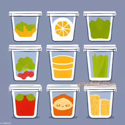an illustration showing a set of plastic food containers with fresh vegetables and fruit