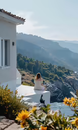 a young woman sits on a cliff overlooking the ocean