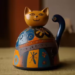 the painted orange and blue cat sits on top of a tea pot