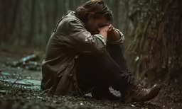 the man in brown jacket is sitting in front of the tree