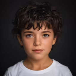 a young boy wearing a white t - shirt