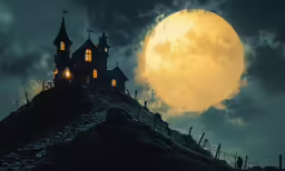 a full moon with a very dark castle atop