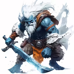 an animated image of a blue headed troll with sword and big hair