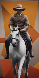 a man sitting on top of a white horse